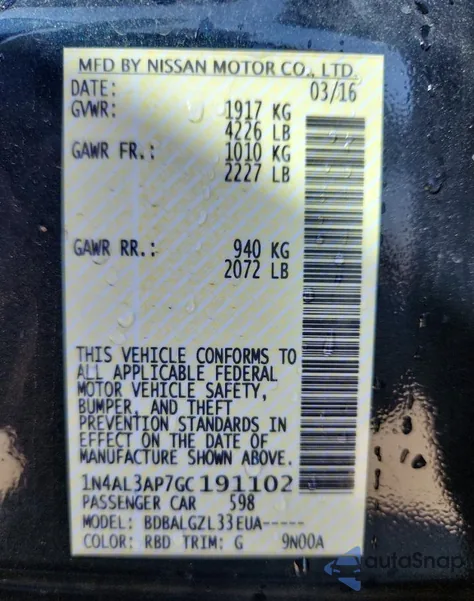 2016 Nissan Altima 2.5 z USA, uszkodzony, nr VIN 1N4AL3AP7GC191102